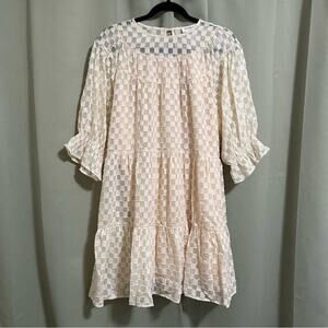 Storia High Neck 3/4 Sleeve White and Beige Checkered Boho Shift Dress - NWT